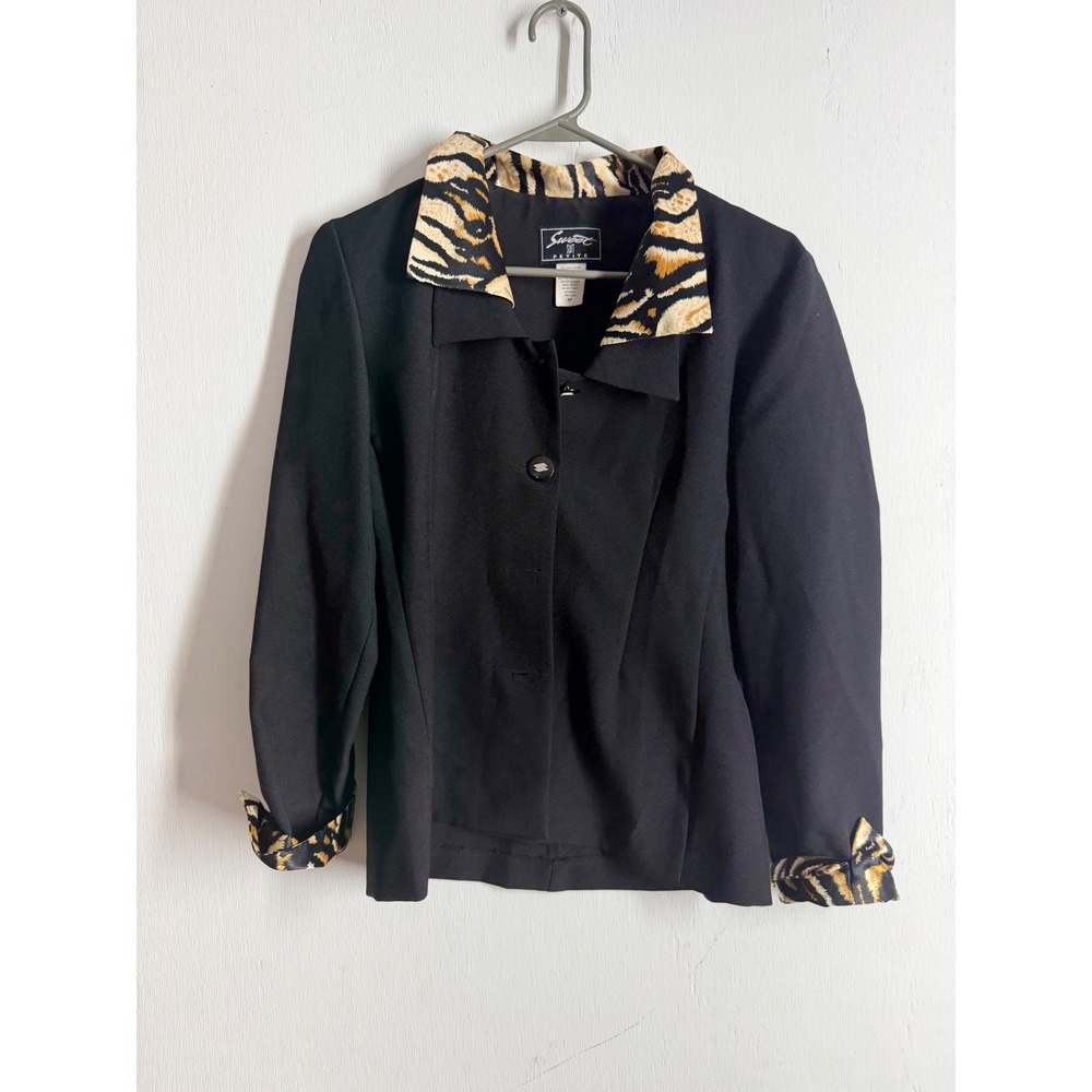 Sweet Suit Petite Womens 6P Black Blazer Tiger Print Trim Animal Accent Jacket